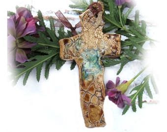 brown hanging wall cross - wall cross -unique hanging wall cross, Home Decor Cross, Ceramic Cross ,,pottery cross - gift cross - # 155