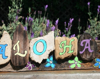 ALOHA Driftwood Plaque with plumeria themed flowers and bright blues, purples, and greens, Hawaiian decor (Made to Order)