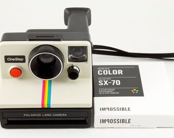 Vintage Polaroid OneStep SX-70 White Rainbow Stripe Instant Camera with One Pack of New Polaroid Originals Color Film - Tested & Working