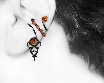 Steampunk Ear Cuff For Left Ear, Astral Pink Swarovski Crystals, No Piercing, Cartilage Earring, Statement Cuff, Urania III v8 Left