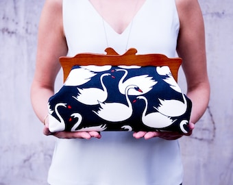 Wooden Frame Clutch Purse, Swans Purse, Evening Clutch Bag, Oversized Clutch, Cosmetic Bag, Canvas Handbag, Mothers Day Gift, Gifts for Her