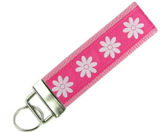 Personalized Key Chain / Key Fob Daisies on Pink With Optional Initials