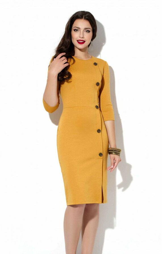 Mustard jersey dress  Office  yellow dress  Autumn dress  Spring