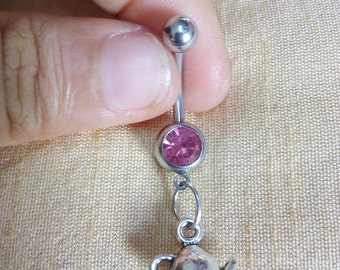 Ventre personnalisé, théière Dangle ventre bague, bague de charme de ventre, personnalisé barre de nombril Barbell, anneau de 14g de ventre, nombril, bijoux de corps