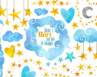 Watercolor Stars and Clouds Clipart - Star Borders Download - Instant Download - Watercolor Clouds and Hanging Stars