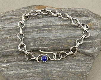 Fine Silver and Lapis Lazuli Ancient Design Chain Bracelet Loop in Loop Chain