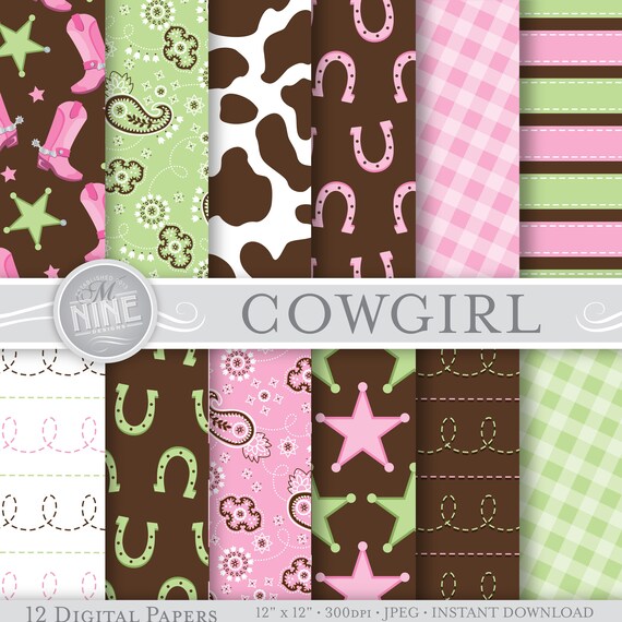 cowgirl prints pink brown green 12 x 12 digital