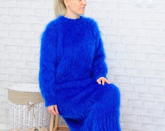 MOHAIR HAND KNITTED Dress Robe Fluffy Handmade