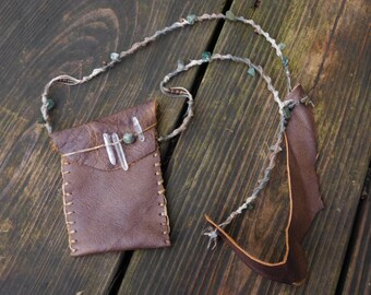 Leather Medicine Pouch Necklace, Crystal Pouch, Medicine Bag, Amulet Holder, Jasper Bead, Crystal Necklace, Talisman Holder, Hippie Leather