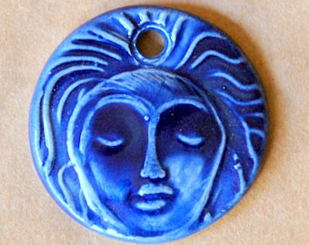 Meditation Face Ceramic Bead in Blue - Pendant Bead with Extra Large Hole