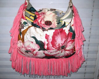 Vintage barkcloth bag purse, gypsy fringe bag, floral barkcloth bag, boho crossbody bag, hand made vintage fabric purse, bohemian bag