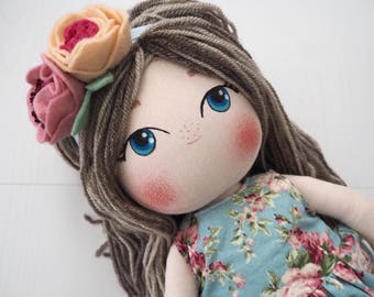 Cutest Fabric Doll - Cloth Doll with Dress and Headband - Original Author's Pattern Doll - Chubby Doll in a Romper - Floral Overal
