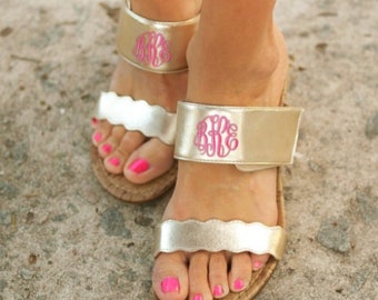 Monogrammed Gold Wedge Sandals