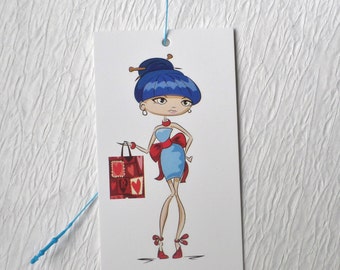 100 FASHION CLOTHING/ACCESSORIES Boutique Tags Cute Girl In Blue & Red Bag with Plastic Loop Pins at Etsy