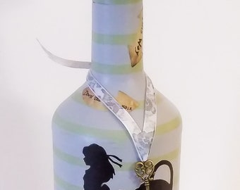 Alice in Wonderland "We're all mad here" altered wine bottle