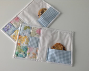QUILTED MUG RUGS, Vintage Linens, 6 1/2" x 10 1/2", Set of 2, Cookie Pocket, Scrappy, Large Coaster, Small Placemat, Ready To Ship, Handmade