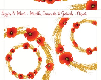 Red Poppies and Wheat - Wreaths and Garlands - Clipart - Digital Collage, PNG, Instant Download