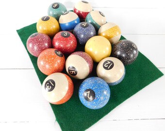 Antique 16 Agate Speckled Pool Balls, Billard Pool Balls, Game Room Decor, Vintage Pool Balls