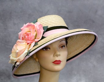 Straw Hat Wide Brim Vintage KOKIN Wicker with Large Pink Yellow Silk Millinery Roses