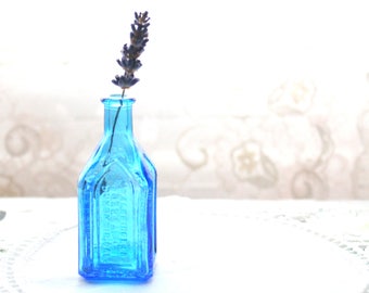 GLASS BOTTLE, Vintage Glass Blue Bottle by Wheaton, Mini Bottle, Collectible, Cottage Style, Window Sill Decor