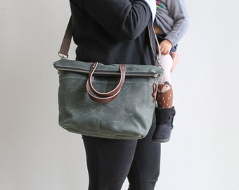 Waxed Canvas and Leather Zipper Tote/ Crossbody Zipper Tote /Waxed Canvas and Leather Tote/ Small Diaper Bag/ Mom Bag