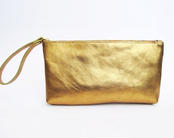 Metallic gold leather clutch - leather wristlet clutch- evening clutch SALE leather clutch purse- zipper clutch- handmade leather clutch bag