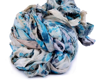 White House Silk Premium Quality Teal/ Black Sari Silk Ribbon Yarn, Beautiful Handmade Sari Silk Yarn For Gift, Knitting, Crocheting,
