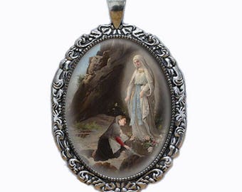 Our Lady of Lourdes Vintage Religious Catholic Medal Pendant Jewelry Virgin Mary At Sacred Spring