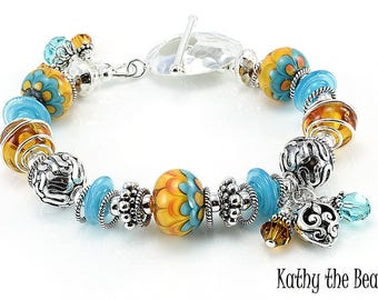 Lampwork Bracelet - Lampwork Blue and Yellow Petal and Bali Silver Bead Bracelet - KTBL
