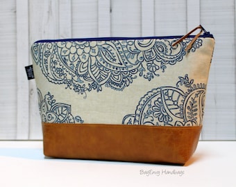 Mandala Paisley with Vegan Leather - Large Make Up Bag / Diaper Clutch / Bridesmaid Gift