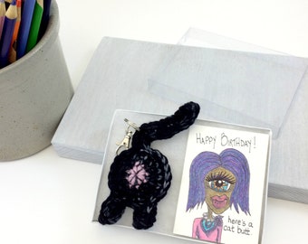 Cat Lady Birthday Gift, Cat Keychain Gift with Card, Cat Gift, Birthday Card, Cat Lover Gift, Cat Butt