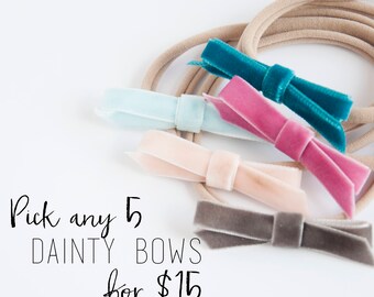 Infant Bow Headband Set of Five - Baby Girl Headband - Nylon Elastic Headbands Custom Set - Velvet Ribbon - Baby Girl Bows - Baby Headband