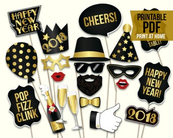 New Years Eve props: printable PDF. 2018 New Years Eve photo booth props. Black and gold party props. Instant download. Happy new year party