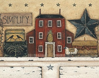 SIMPLIFY. A New England style folk art still life print by Donna Atkins. Distressed cupboard, saltbox, barn star, sheep, pineapple, crows.