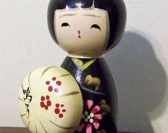 Vintage Japanese Wooden Kokeshi Doll Hand Painted Signed