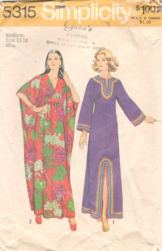 Simplicity 5315 1970s Misses CAFTaN Pattern Kimono Sleeve