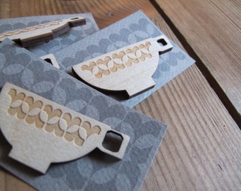 REDUCED TO CLEAR: Laser cut ply wood Tea cup brooch