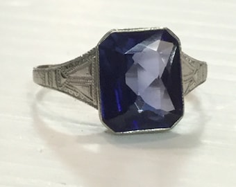 Vintage Art Deco 10k White Gold Simulated Sapphire Size 7.75