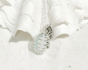 Sea Glass Necklace, Sea Horse Charm Necklace, Lake Erie Jewelry, Lake Bottle Jewelry, Sea Horse Necklace, Mothers Day Gift
