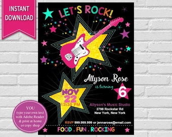 Rockstar Invitation | Rockstar, Rockstar Birthday, Rock Star Invitation, Rockstar Party, Guitar, Rock Star Birthday Rock Star, Girl Birthday
