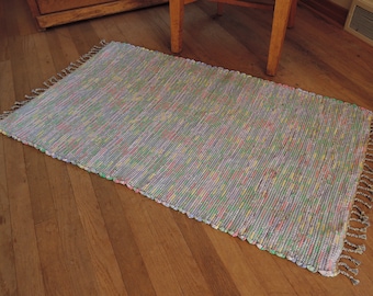 Hand Woven Rag Rug Lavender Pink Green Cotton 26" x 46"