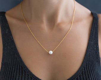 Single Pearl Necklace - Dainty Pearl Necklace - Single Floating Pearl Necklace - Tiny Freshwater Pearl Necklace - Delicate Pearl Necklace