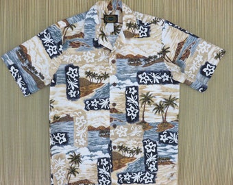 Hawaiian Shirt Men HAWAIIAN RESERVE COLLECTION Surfer Scene Aloha Beach Party Shirt Vintage 100% Cotton Camp - S - Oahu Lew's Shirt Shack