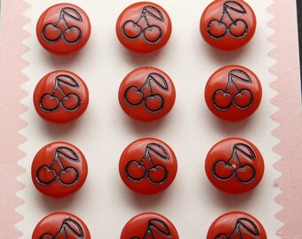 Vintage Buttons. Card (12) 14 mm Czech pressed glass Latest Style buttons red color with relief cherry "Round".