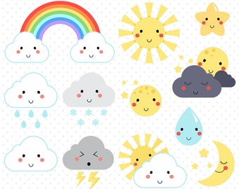 50% OFF Cute Weather Icons clip art - Commercial use - Moon, sun, and rainbow vector, sunny or rainy day icons- C010