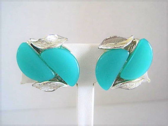 Aqua Lucite Earrings, Lucite Thermoset, Silver Tone Clip Ons