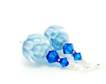 Blue Earrings, Lampwork Earrings, Glass Earrings, Glass Bead Earrings, Lotus Flower Earrings, Unique Earrings, Unusual Earrings