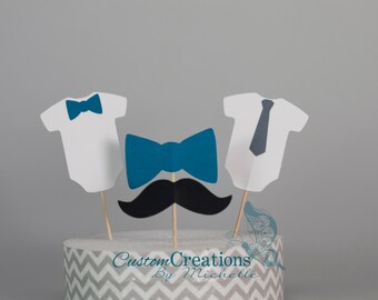 Little Gentleman Mustache Baby Shower | Birthday Party Cupcake Toppers | Classic Blue and Gray