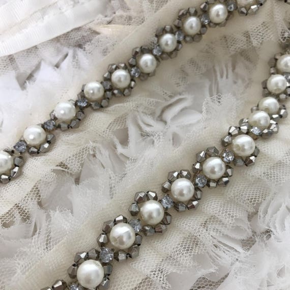 Ivory Beaded Lace Trim With Pearls Bridal Belt Lace TrimMesh
