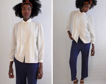 Cream/off white sheer pleated textured long sleeve top 1990s 90s VINTAGE